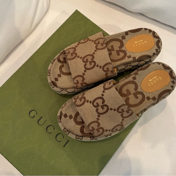 Gucci Brown Monogram Slides - Picture 1 of 9